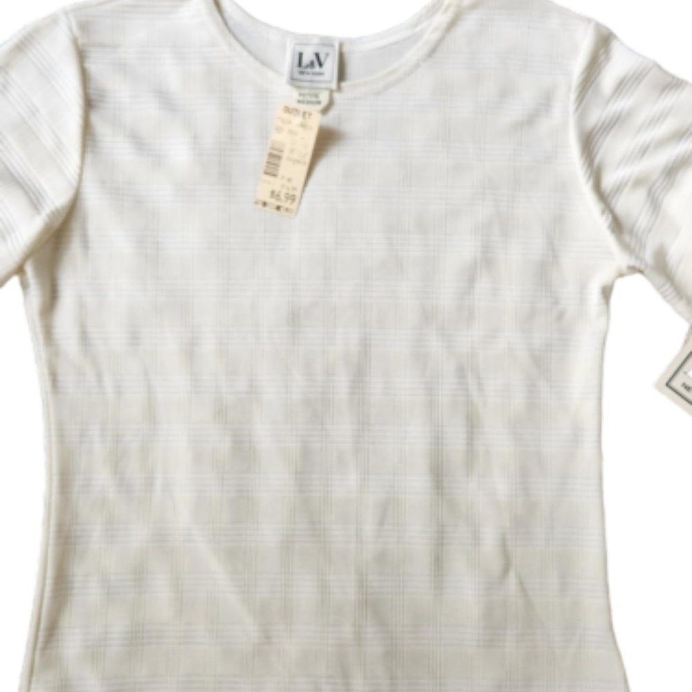 White Plaid Stripe Short Sleeve Blouse Medium Petite